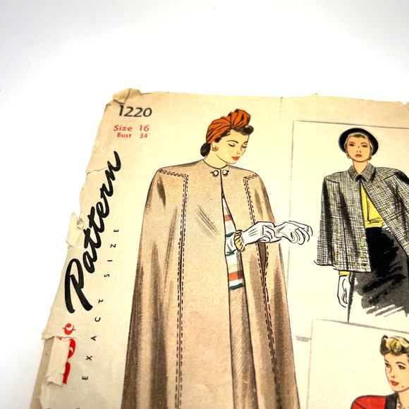 Simplicity Vintage 1944 Pattern #1220 Women's Cape Size 16 HTF - Picture 2 of 9